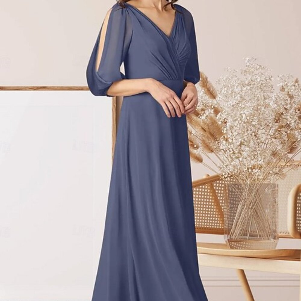 Jenny Packham NWT Silverstone blue/gray Lux Chiffon sheer sleeve maxi gown 16